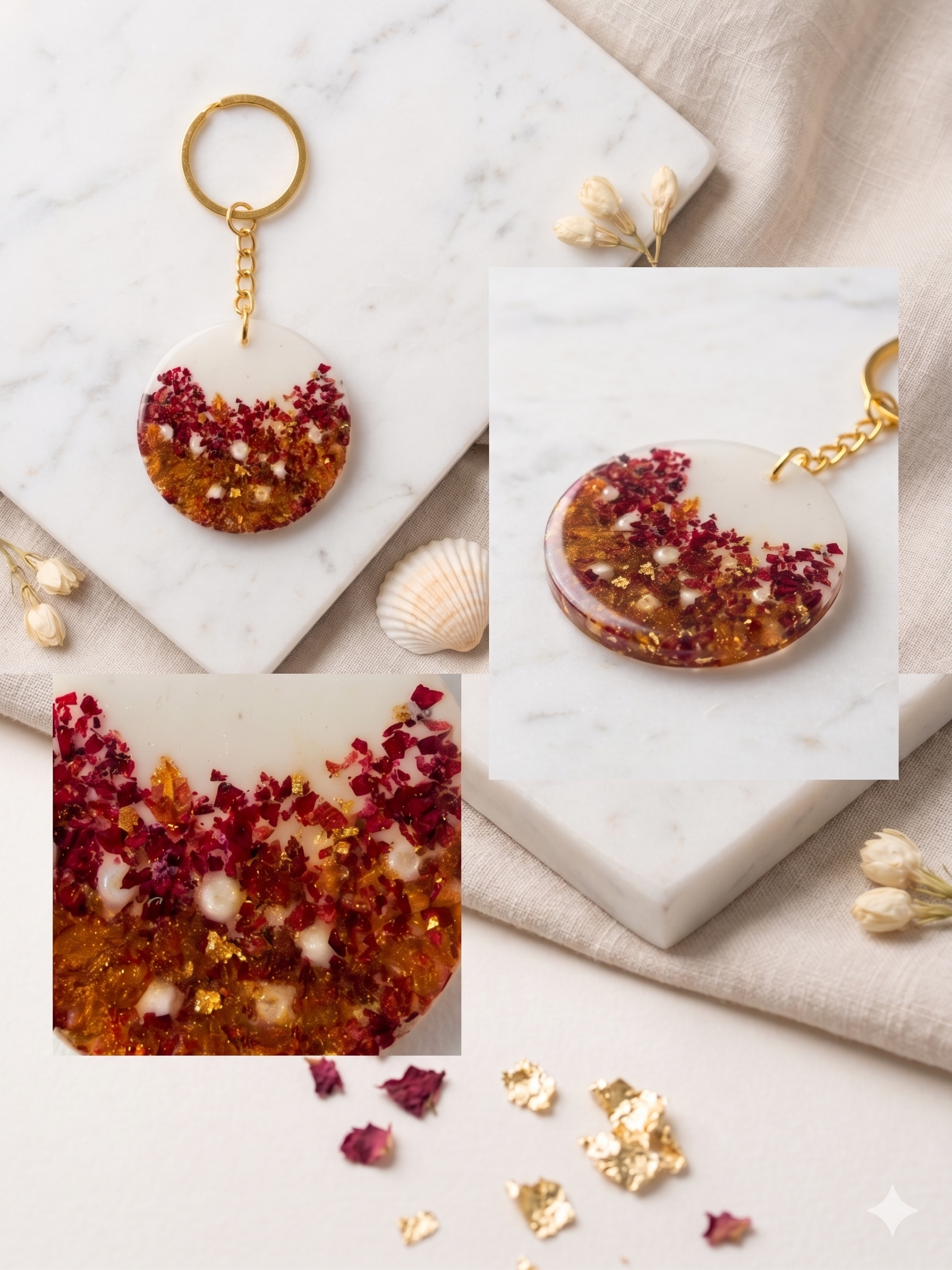 Handmade Resin Round Disc Keychain – Rose Petal Ombre with Pearl Beads & Gold-Tone Foil