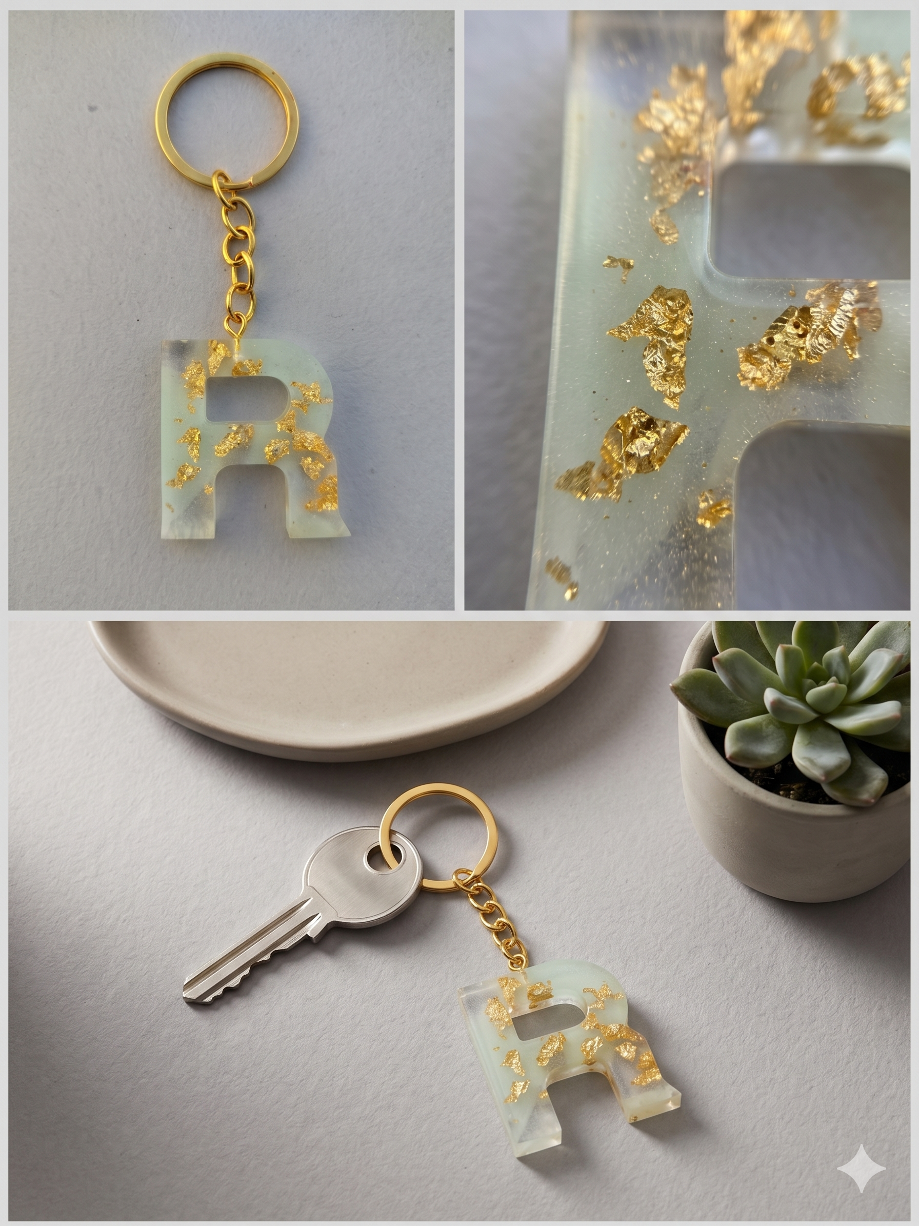 Handmade Resin Letter Keychain – Mint Green with Gold-Tone Foil Flakes | Custom Initial A-Z