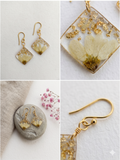 Handmade Resin Diamond Drop Earrings – Pressed Daisy Flower with Gold-Tone Foil | Gold Hooks