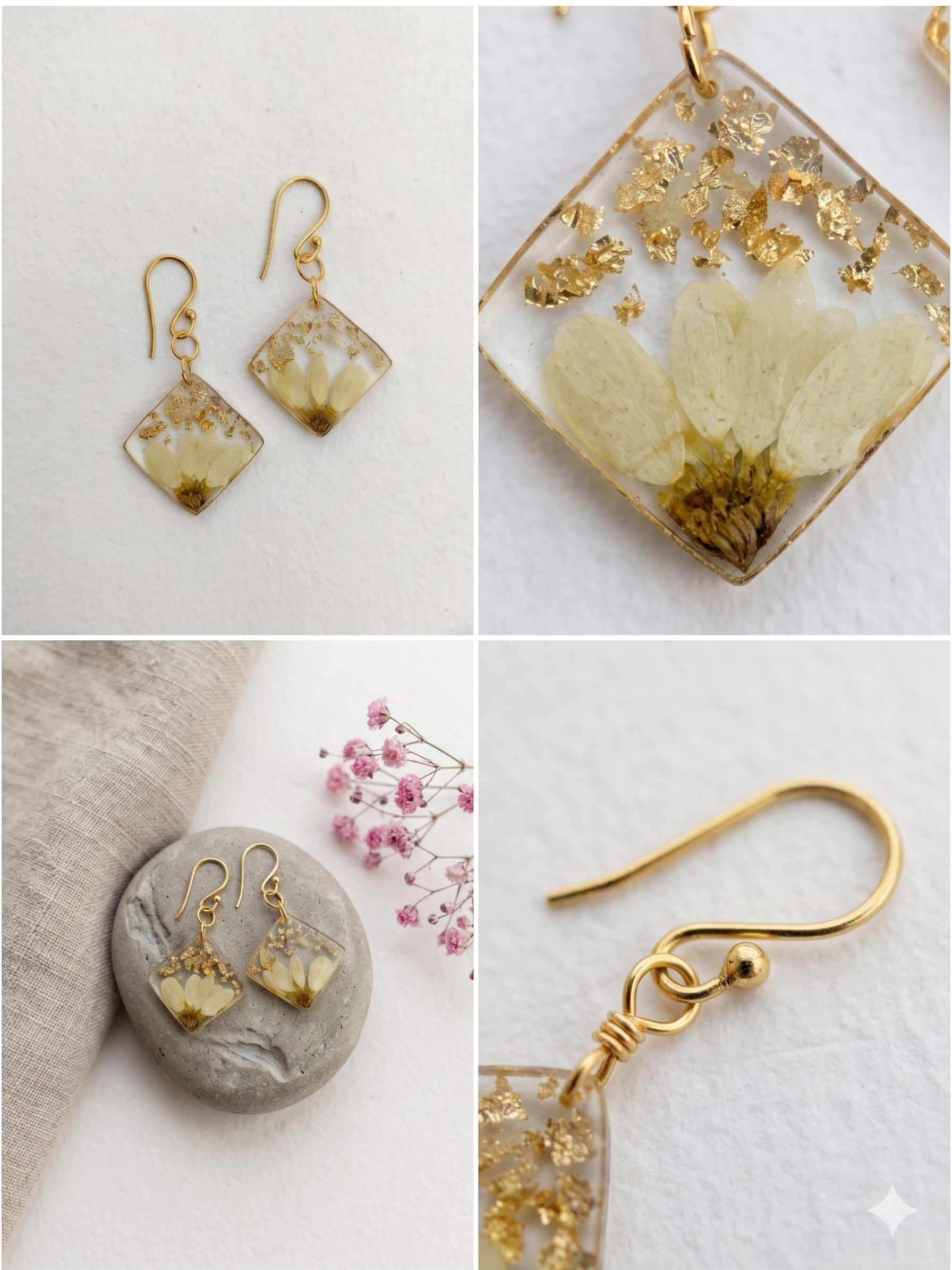 Handmade Resin Diamond Drop Earrings – Pressed Daisy Flower with Gold-Tone Foil | Gold Hooks