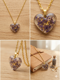 Handmade Resin Heart Pendant Necklace – Crushed Purple Flowers with Gold-Tone Foil & Gold Chain