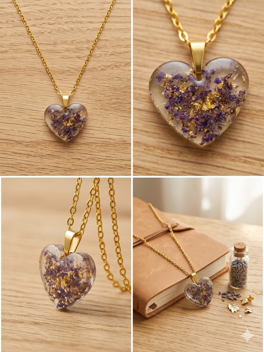 Handmade Resin Heart Pendant Necklace – Crushed Purple Flowers with Gold-Tone Foil & Gold Chain