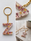 Handmade Resin Letter Keychain – Floral Confetti with Gold-Tone Foil | Custom Initial A-Z