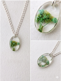 Handmade Resin Oval Pendant Necklace – Real Green Botanical Flower | Silver-Tone Chain