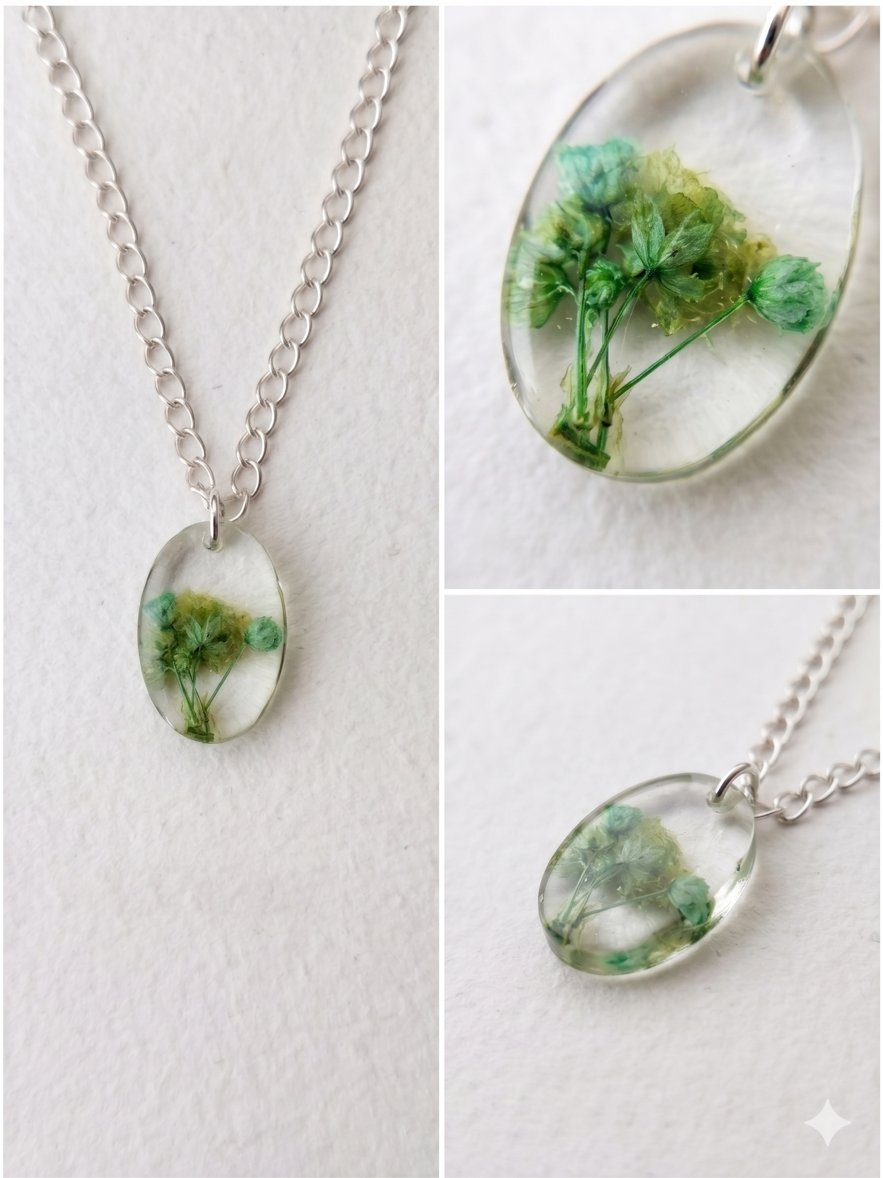 Handmade Resin Oval Pendant Necklace – Real Green Botanical Flower | Silver-Tone Chain