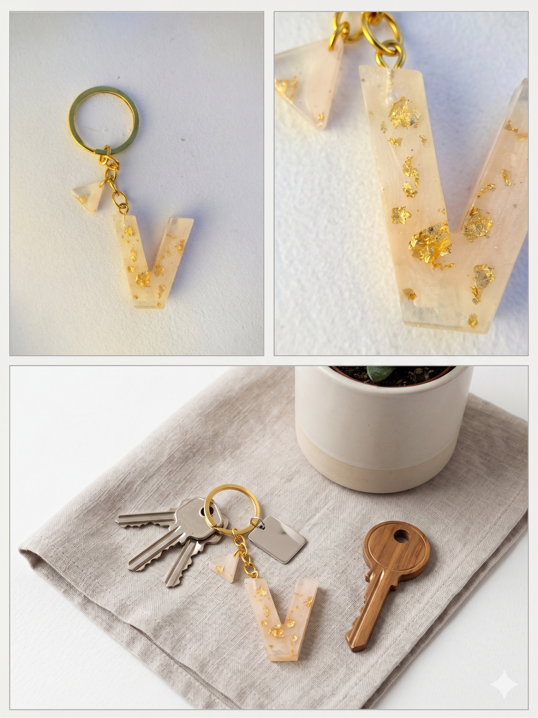 Handmade Resin Bar & Heart Duo Keychain – Champagne Peach with Gold-Tone Foil Flakes