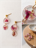 Handmade Resin Double-Round Drop Earrings – Rose Petals & Gold-Tone Foil | Gold Ball Studs
