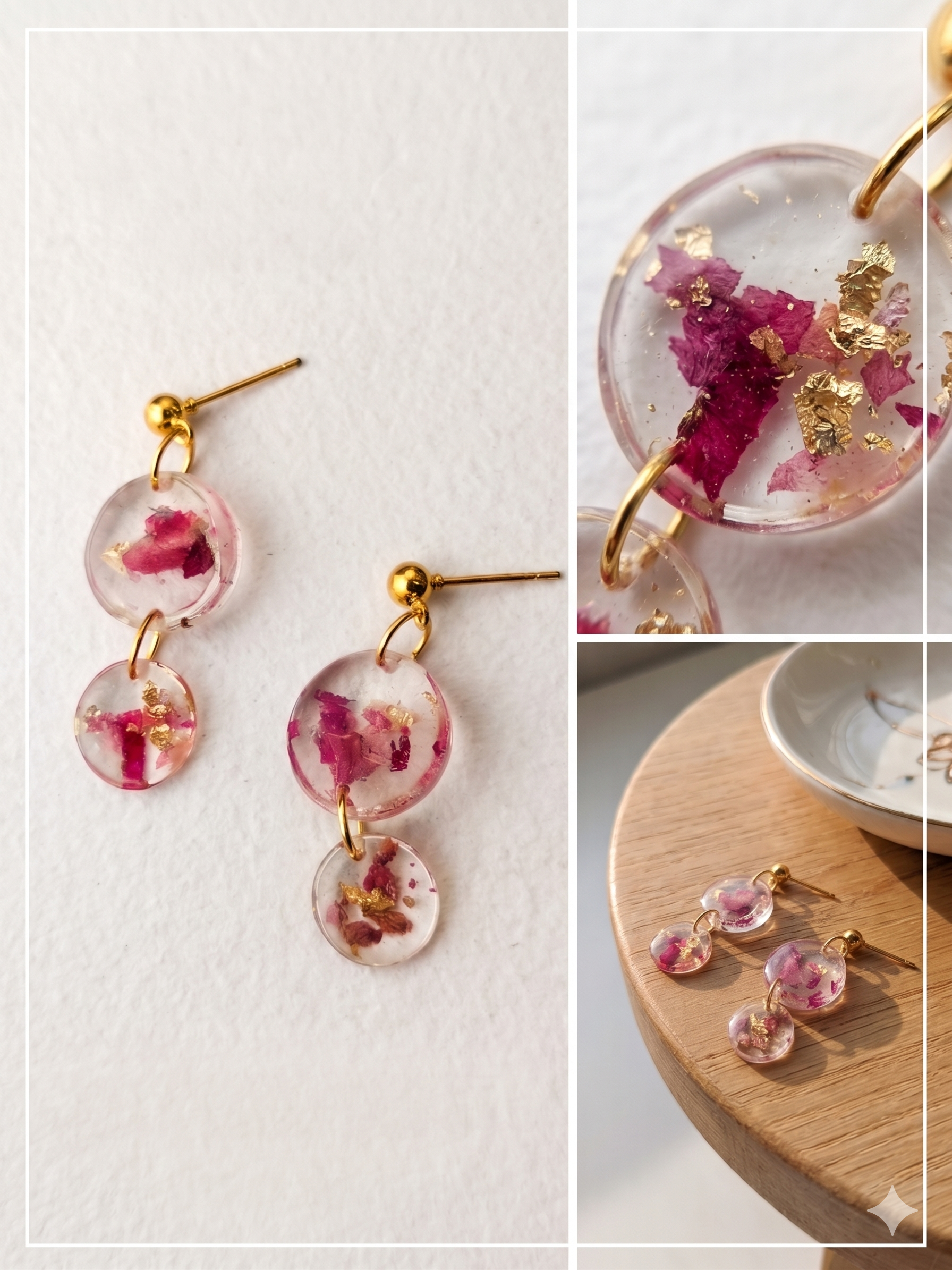 Handmade Resin Double-Round Drop Earrings – Rose Petals & Gold-Tone Foil | Gold Ball Studs