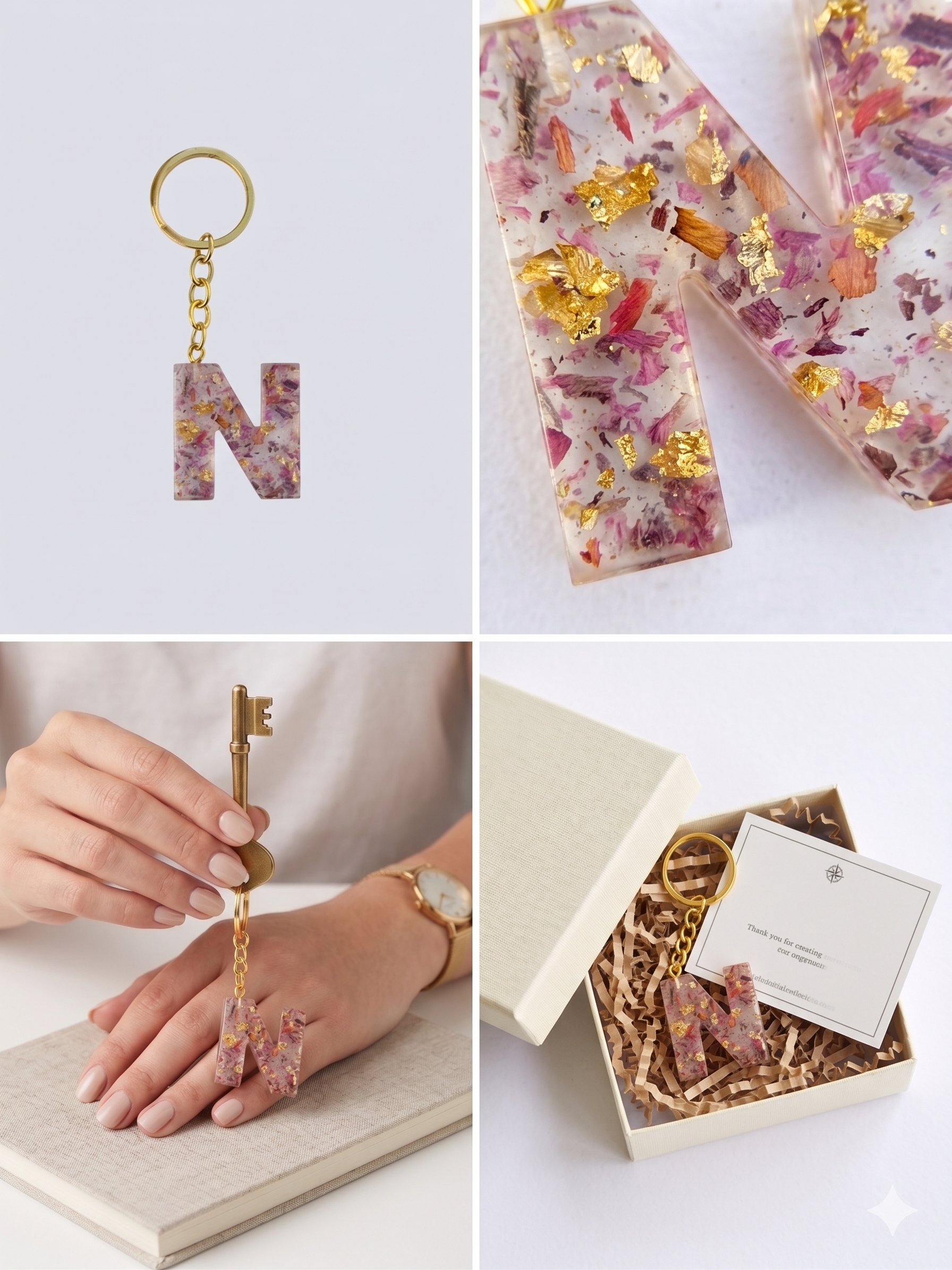 Handmade Resin Letter Keychain – Floral Confetti with Gold-Tone Foil | Custom Initial A-Z