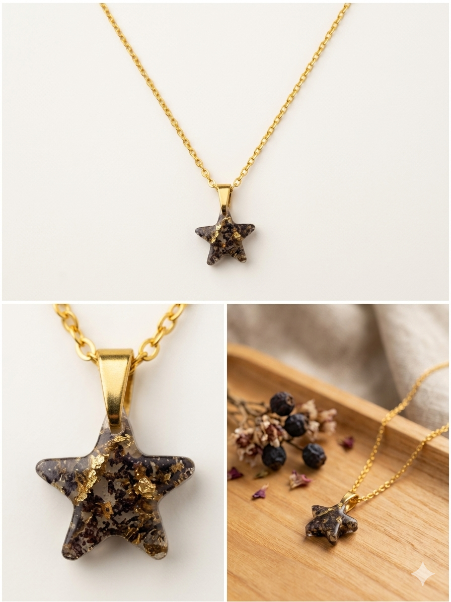 Handmade Resin Star Pendant Necklace – Crushed Dried Flowers with Gold-Tone Foil & Gold Chain