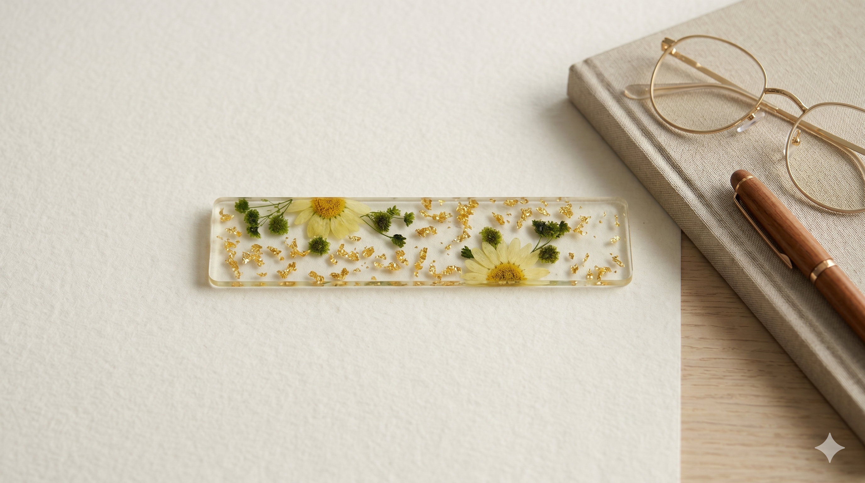 Handmade Resin Bookmark – Daisy Flowers & Green Botanicals with Gold-Tone Foil