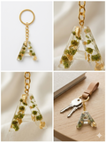 Handmade Resin Letter Keychain – Green Dried Flowers with Gold-Tone Foil | Custom Initial A-Z