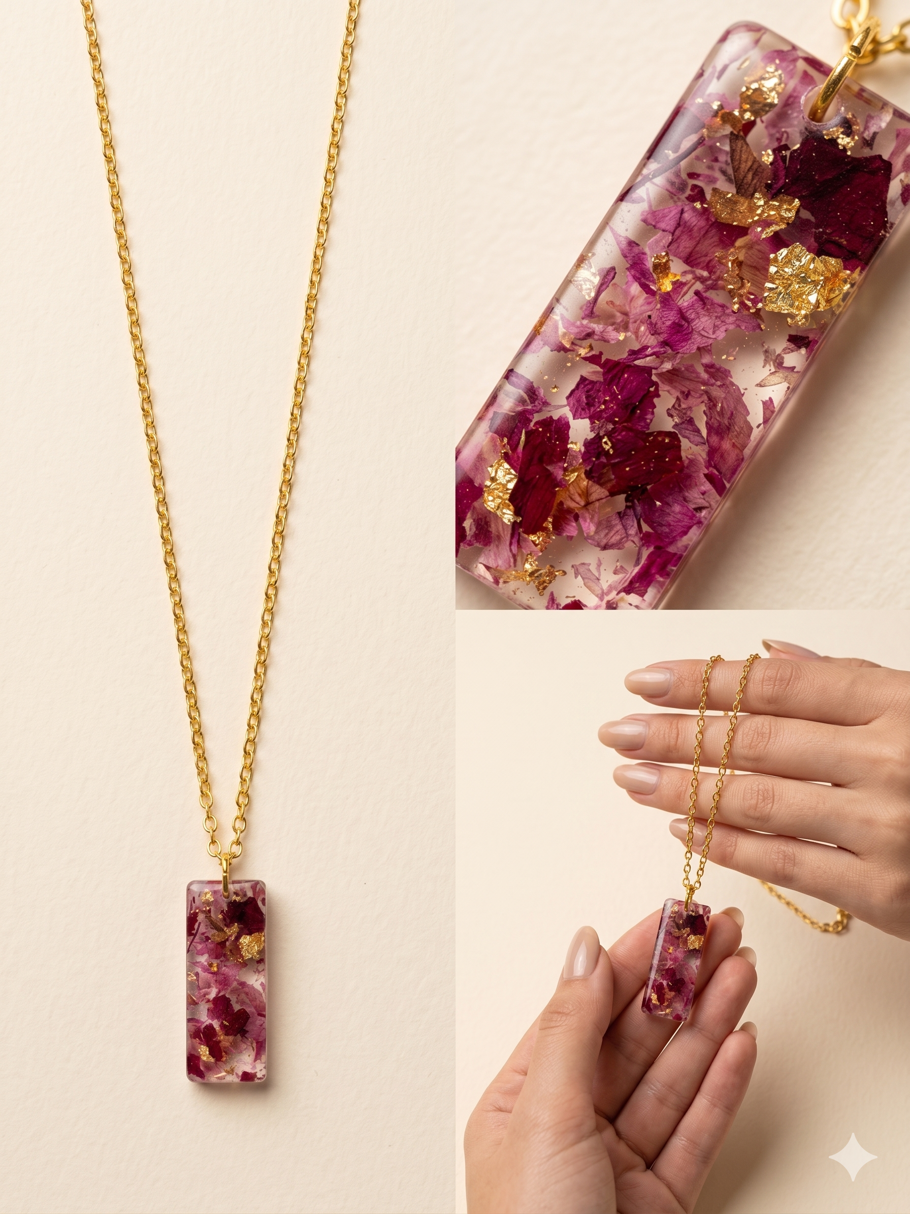 Handmade Resin Bar Pendant Necklace – Crushed Rose Petals with Gold-Tone Foil & Gold Chain