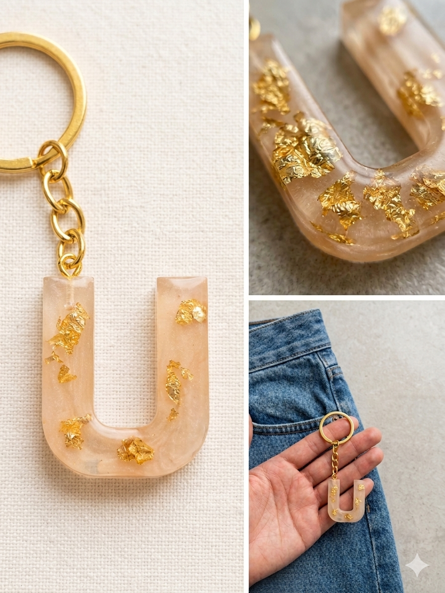Handmade Resin Letter Keychain – Champagne Peach with Gold-Tone Foil Flakes | Custom Initial A-Z