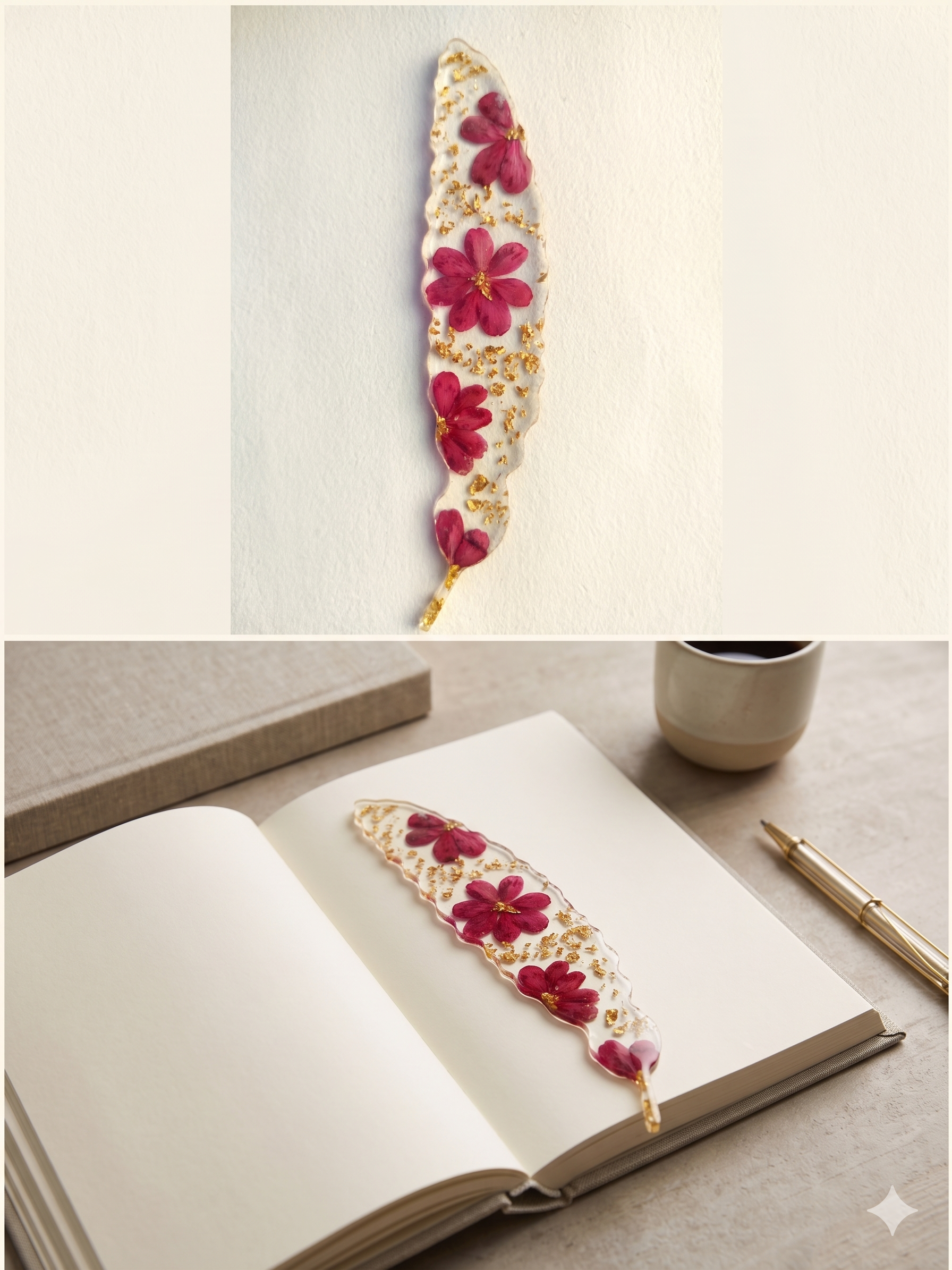 Handmade Resin Feather Bookmark – Pink Pressed Flowers with Gold-Tone Foil | Wavy Leaf Shape