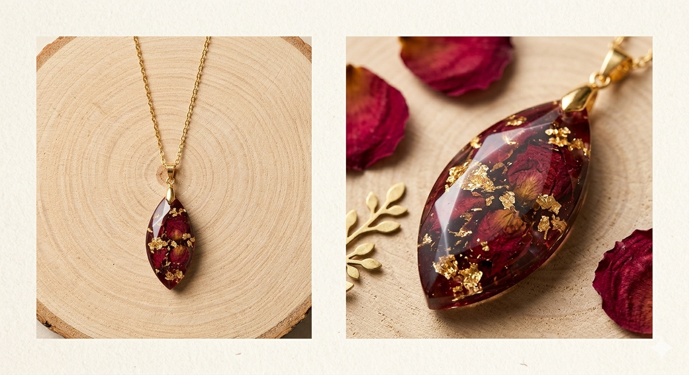 Handmade Resin Marquise Pendant Necklace – Crushed Rose Petals with Gold-Tone Foil & Gold Chain