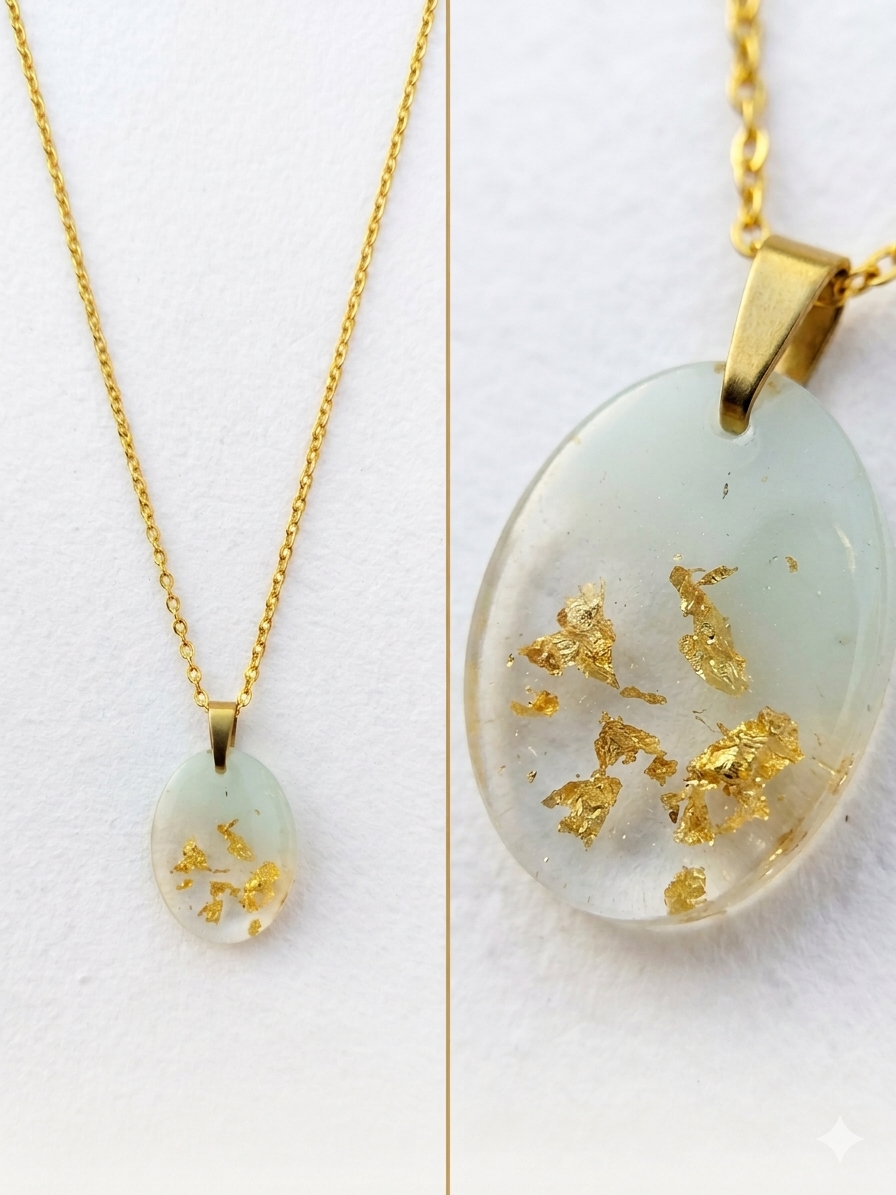 Handmade Gold Foil Resin Pendant Necklace – Oval Crystal Clear with Gold Chain