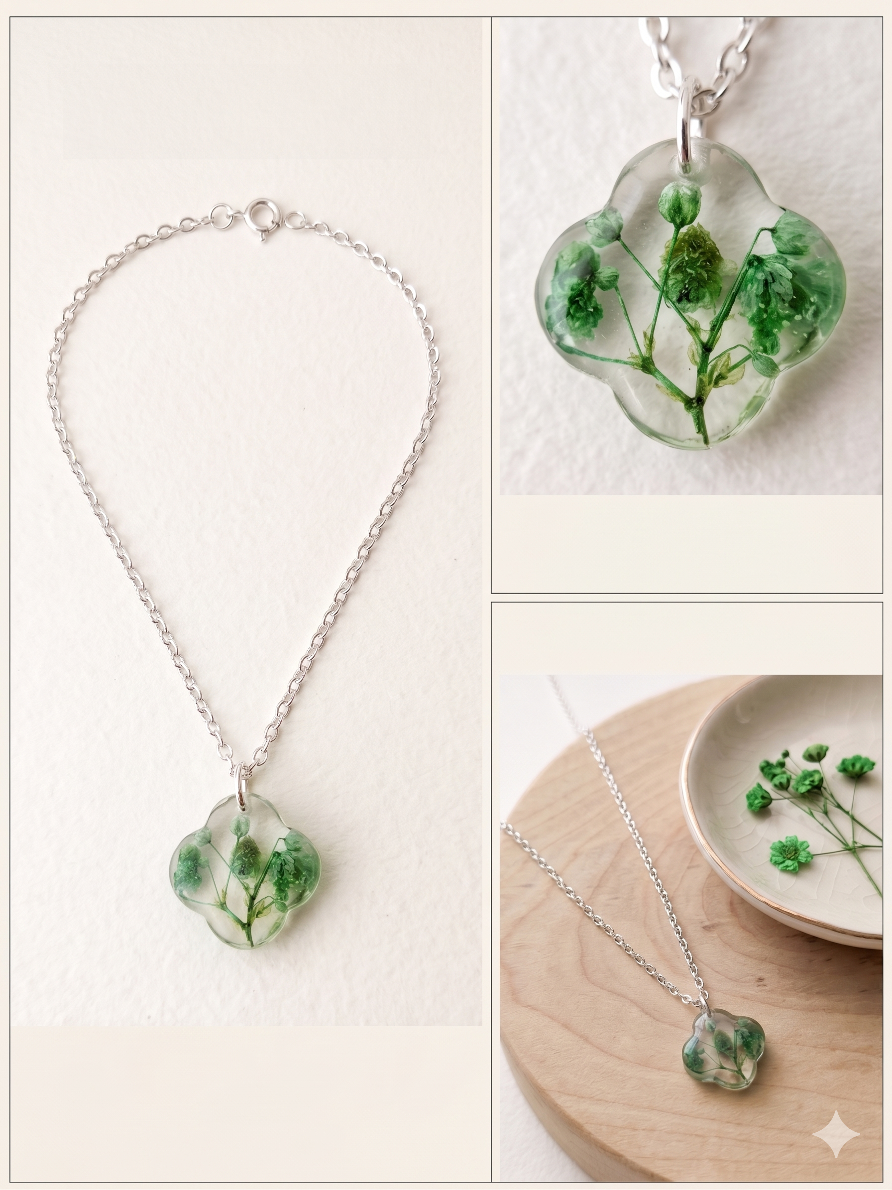 Handmade Resin Clover Pendant Necklace – Green Dried Botanicals | Silver-Tone Chain