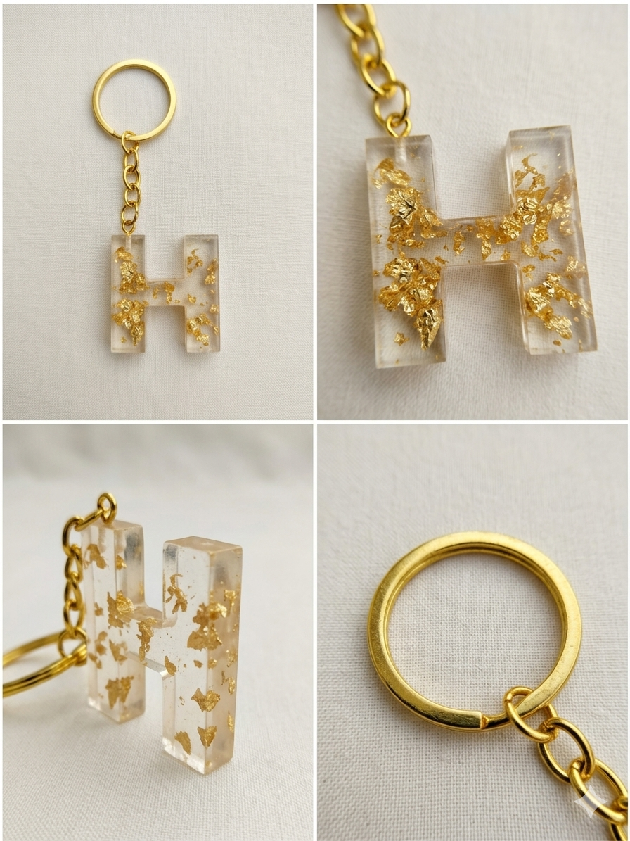 Handmade Resin Letter Keychain – Champagne Peach with Gold-Tone Foil Flakes | Custom Initial A-Z