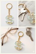 Handmade Resin Letter Keychain – Mint Green with Gold-Tone Foil Flakes | Custom Initial A-Z
