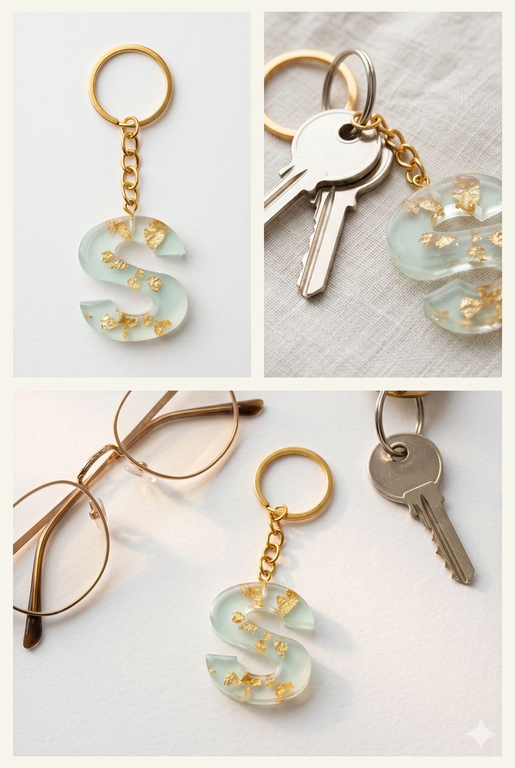 Handmade Resin Letter Keychain – Mint Green with Gold-Tone Foil Flakes | Custom Initial A-Z