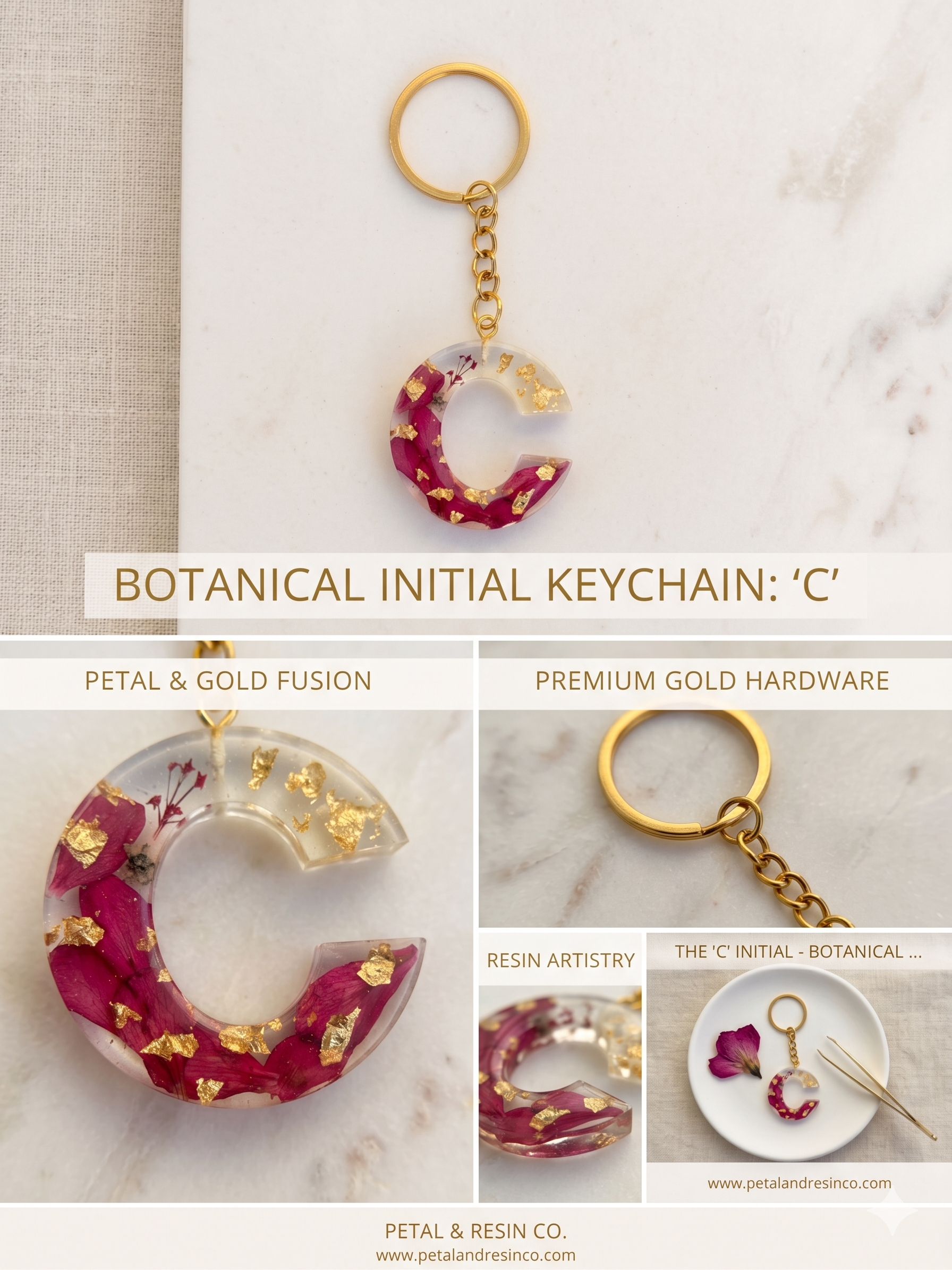 Handmade Resin Letter Keychain with Real Pink Flowers & Gold Foil – C Initial