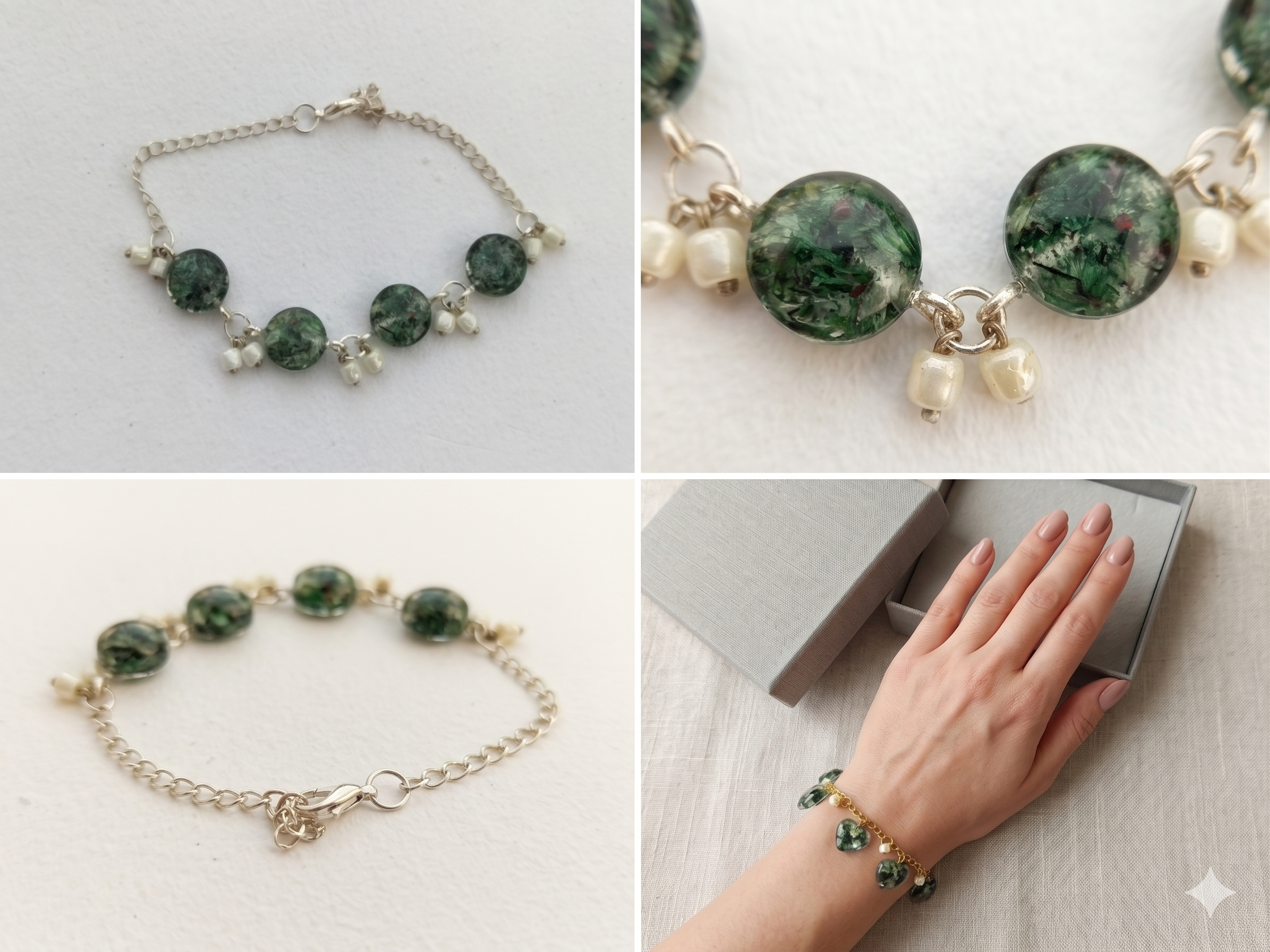 Handmade Resin Round Charm Bracelet – Green Botanicals with Pearl Beads & Silver-Tone Chain