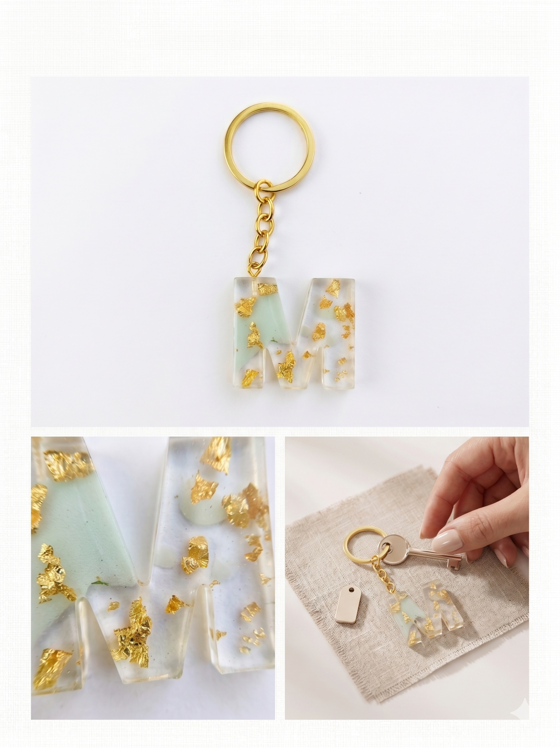 Handmade Resin Letter Keychain – Mint Green with Gold-Tone Foil Flakes | Custom Initial A-Z