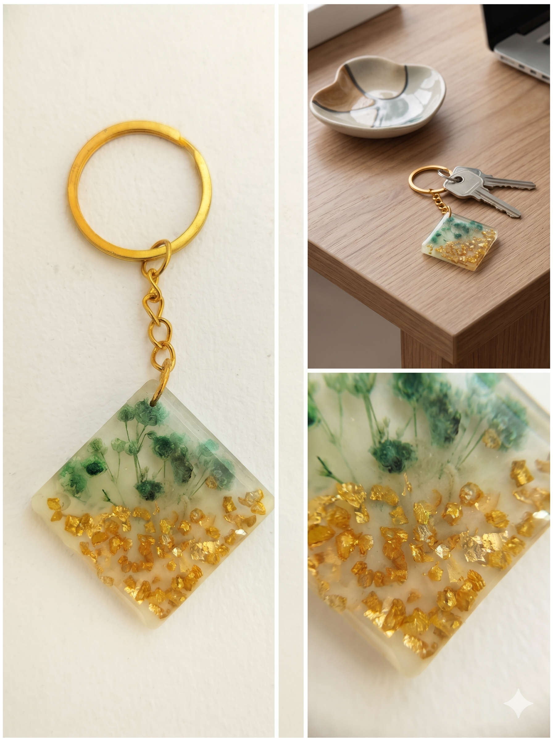 Handmade Resin Diamond Keychain – Green Dried Flowers with Gold-Tone Foil Flakes