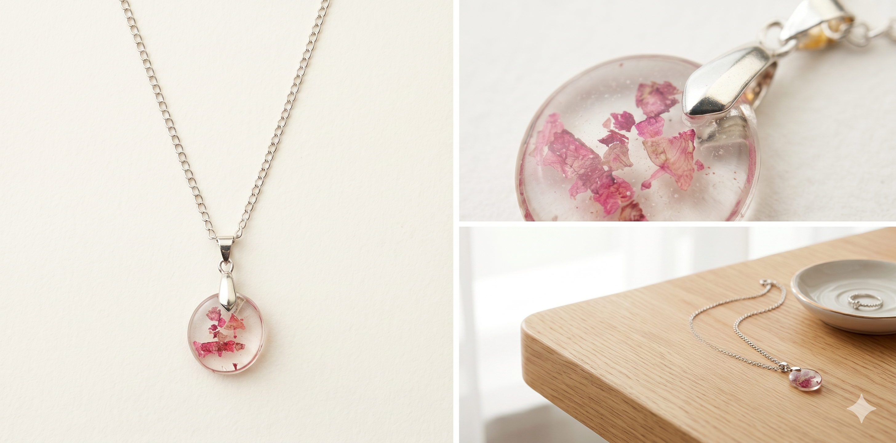 Handmade Resin Round Pendant Necklace – Pink Dried Flowers | Silver-Tone Bail & Chain