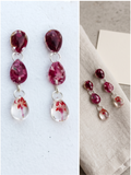 Handmade Resin Triple-Drop Earrings – Rose Petals & Pressed Flower Cascade | Silver-Tone