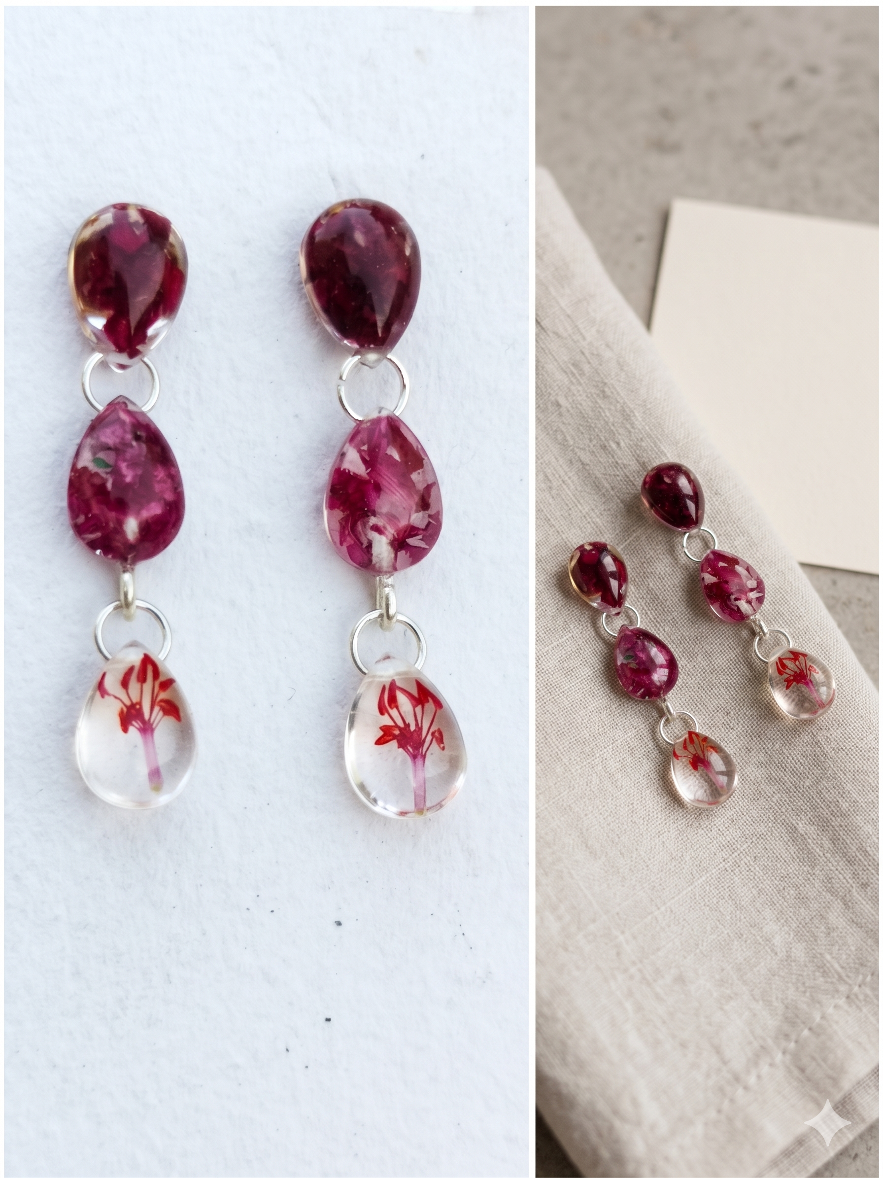 Handmade Resin Triple-Drop Earrings – Rose Petals & Pressed Flower Cascade | Silver-Tone