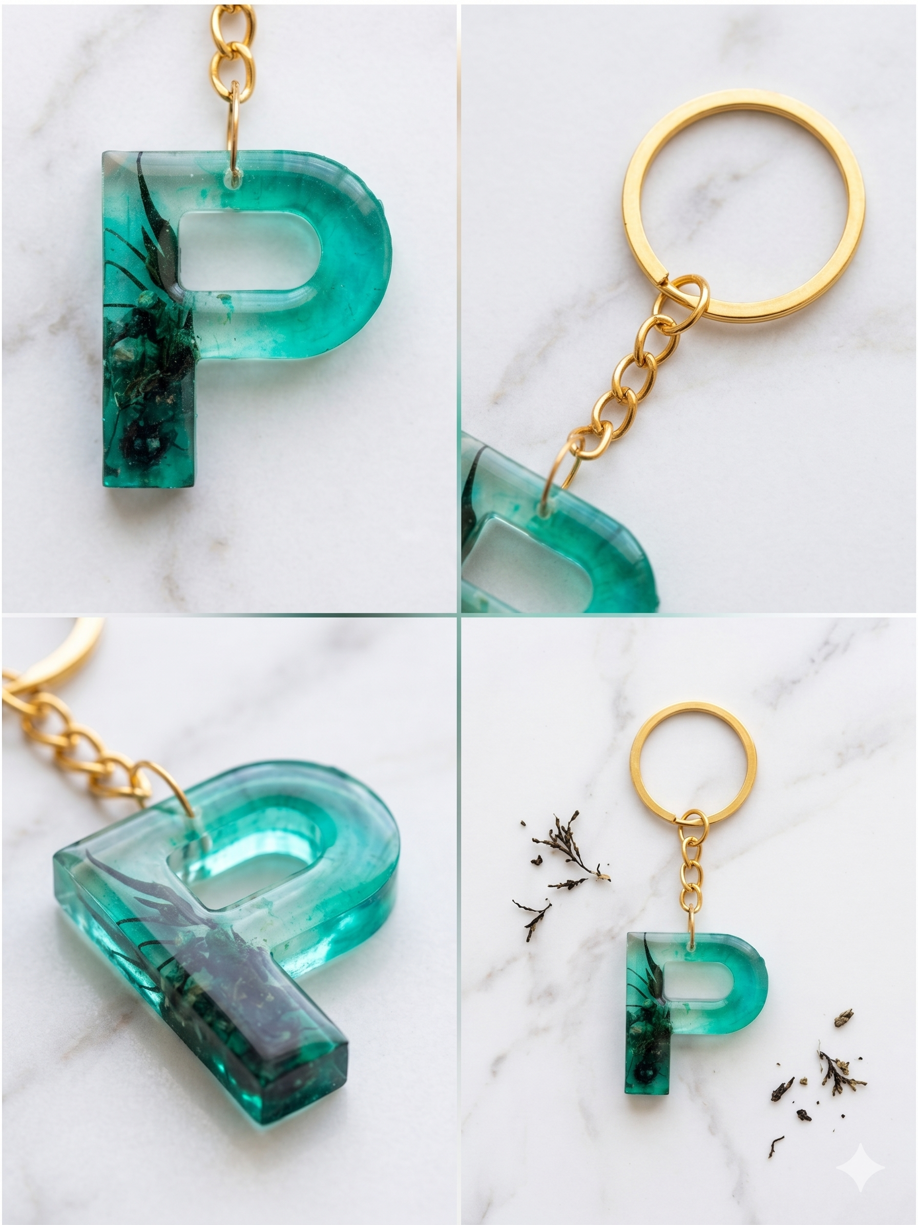 Handmade Resin Letter Keychain – Emerald Forest Green with Dried Botanicals | Custom Initial A-Z