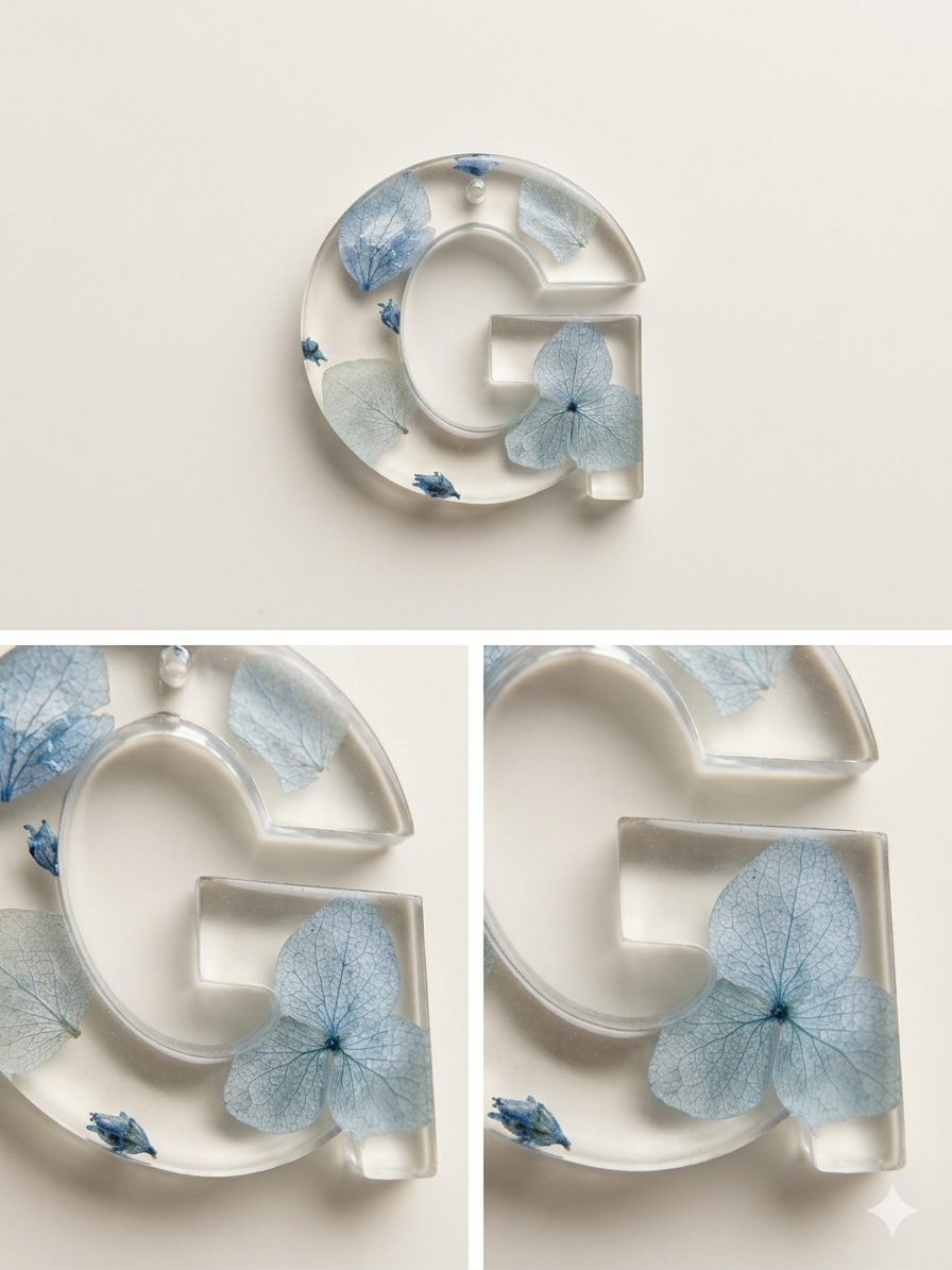 Handmade Resin Letter Keychain – Blue Hydrangea Dried Flowers | Custom Initial A-Z