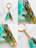 Handmade Resin Letter Keychain – Emerald Forest Green with Dried Botanicals | Custom Initial A-Z