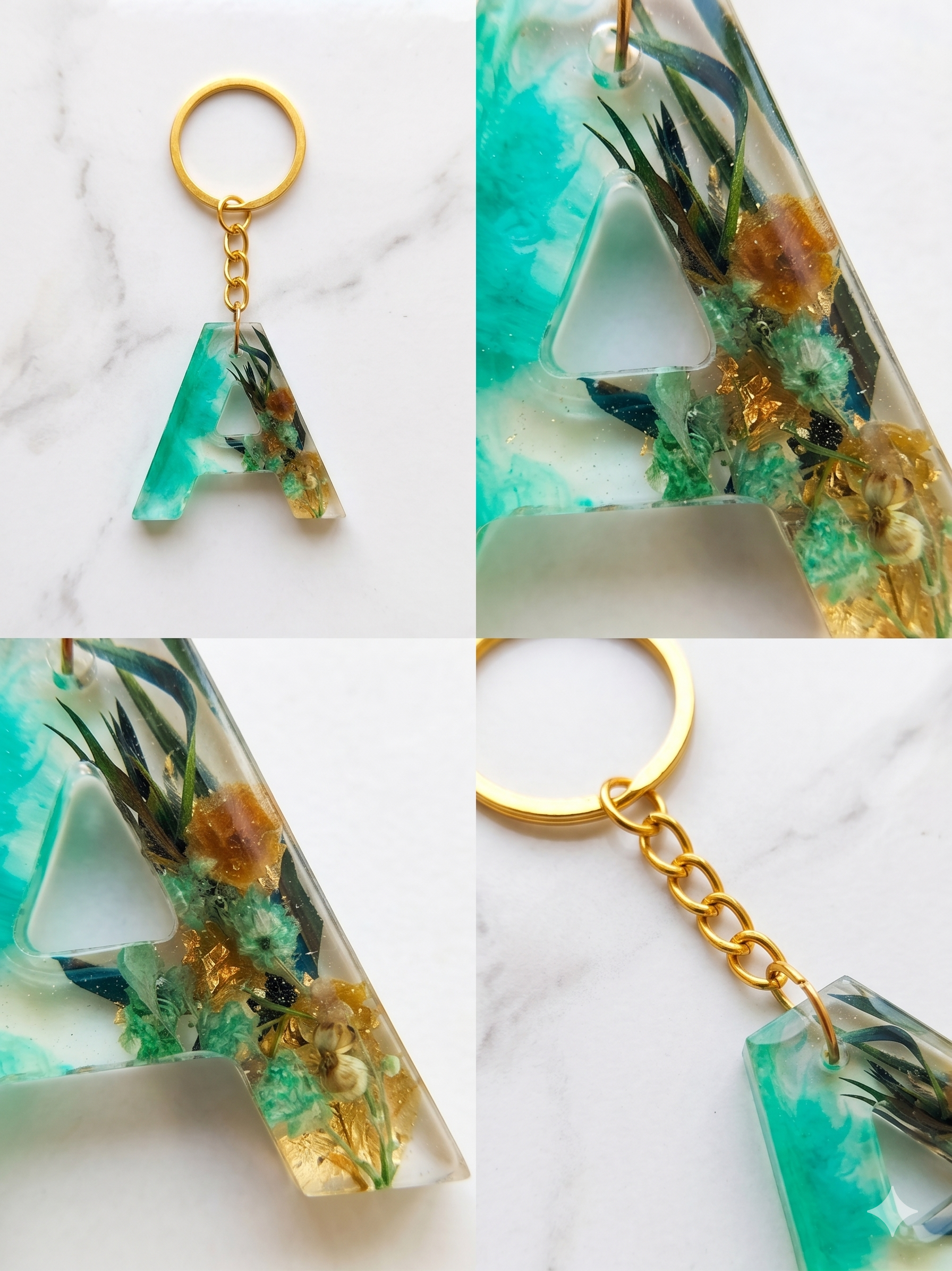 Handmade Resin Letter Keychain – Emerald Forest Green with Dried Botanicals | Custom Initial A-Z