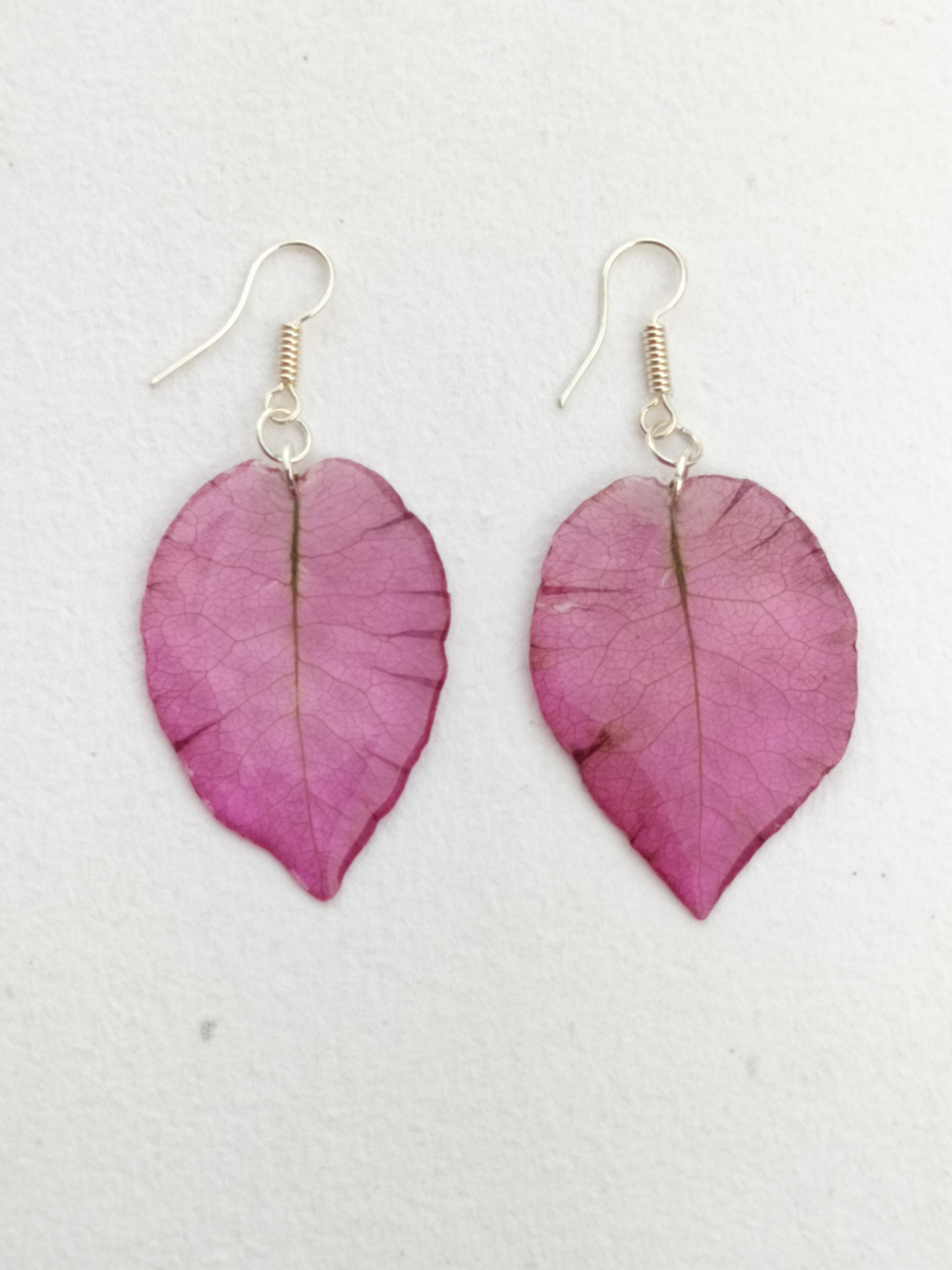 Handmade Pressed Bougainvillea Petal Drop Earrings | Real Flower Leaf Dangles | Silver-Tone Hooks